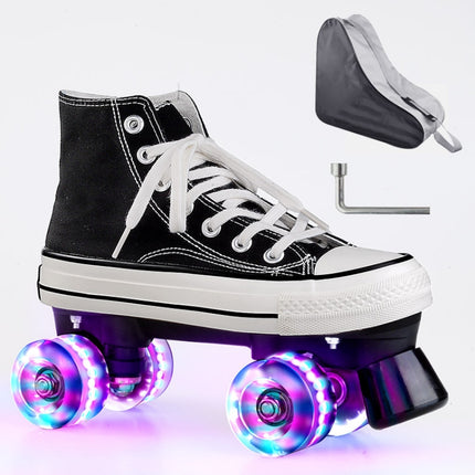 Flash Roller Skates Shoes Adult Children Four-Wheel Canvas Roller Skates Shoes Double Row Roller Skates Shoes, Size: 34(White + Special Bag)-garmade.com