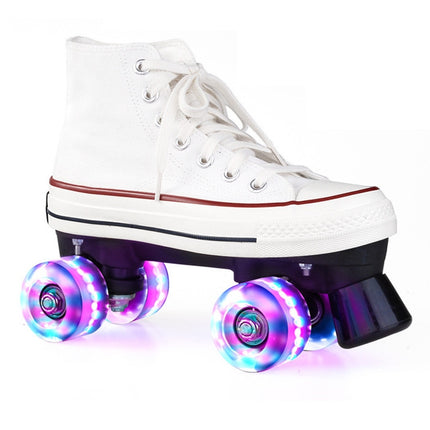 Flash Roller Skates Shoes Adult Children Four-Wheel Canvas Roller Skates Shoes Double Row Roller Skates Shoes, Size: 41(White + Special Bag)-garmade.com