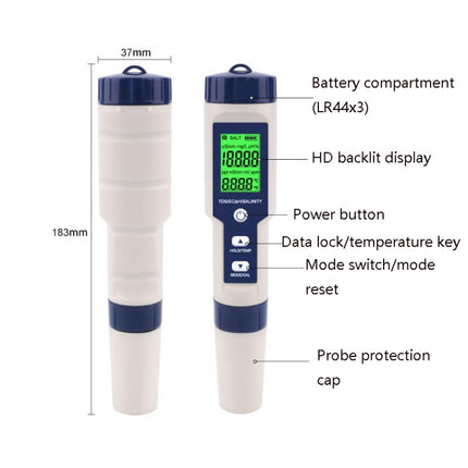 EZ-9909 PH/Salinity/Temperature/TDS/EC 5-in-1 Test Pen Multifunctional Water Quality Detector-garmade.com