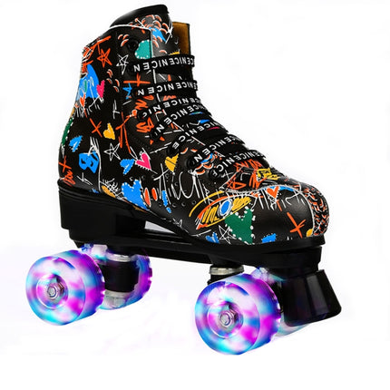 Adult Children Graffiti Roller Skates Shoes Double Row Four-Wheel Roller Skates Shoes, Size: 34(Flash Wheel Black)-garmade.com