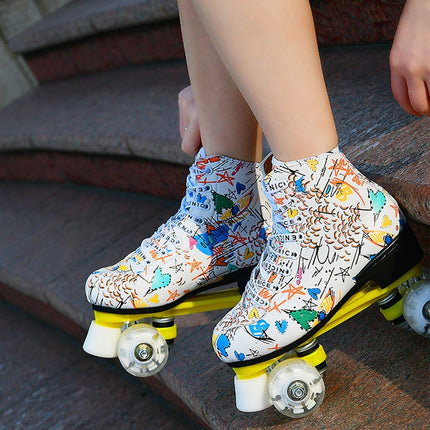Adult Children Graffiti Roller Skates Shoes Double Row Four-Wheel Roller Skates Shoes, Size: 34(Flash Wheel White)-garmade.com