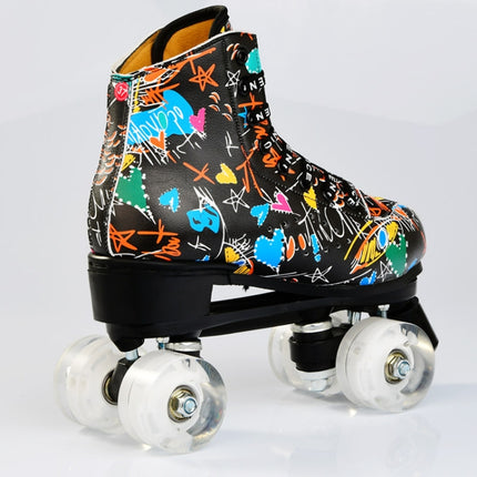 Adult Children Graffiti Roller Skates Shoes Double Row Four-Wheel Roller Skates Shoes, Size: 35(Flash Wheel White)-garmade.com