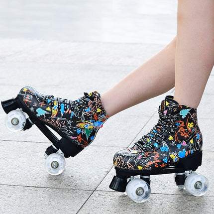 Adult Children Graffiti Roller Skates Shoes Double Row Four-Wheel Roller Skates Shoes, Size: 35(Flash Wheel White)-garmade.com