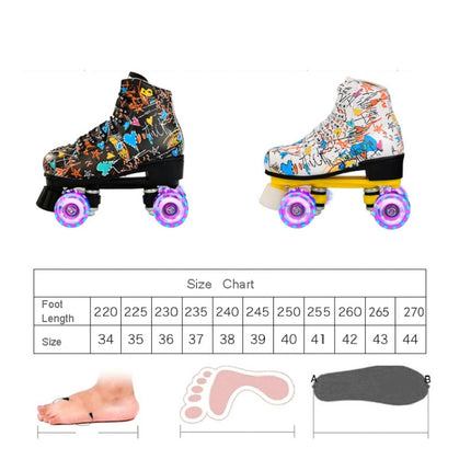 Adult Children Graffiti Roller Skates Shoes Double Row Four-Wheel Roller Skates Shoes, Size: 35(Flash Wheel Black)-garmade.com