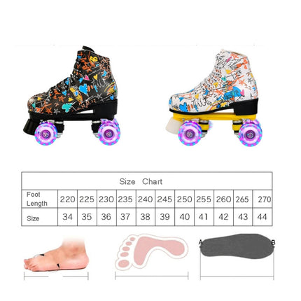 Adult Children Graffiti Roller Skates Shoes Double Row Four-Wheel Roller Skates Shoes, Size: 37(Flash Wheel Black)-garmade.com