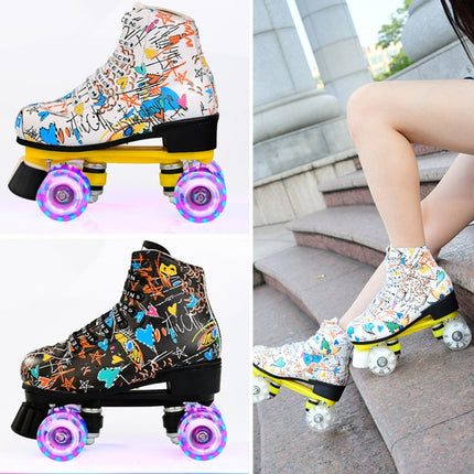 Adult Children Graffiti Roller Skates Shoes Double Row Four-Wheel Roller Skates Shoes, Size: 38(Flash Wheel White)-garmade.com