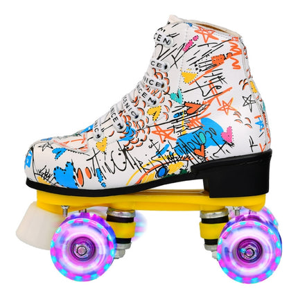 Adult Children Graffiti Roller Skates Shoes Double Row Four-Wheel Roller Skates Shoes, Size: 42(Flash Wheel White)-garmade.com