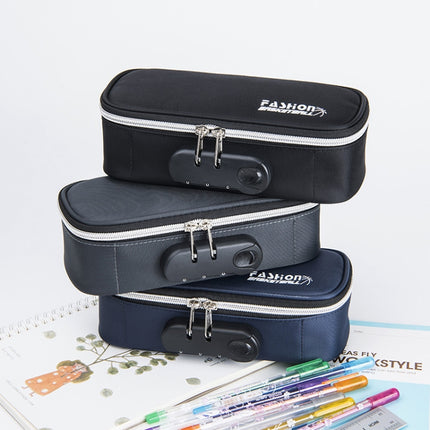 6559 Canvas Pencil Case Large Capacity Code Lock Portable Stationery Bag(Black)-garmade.com