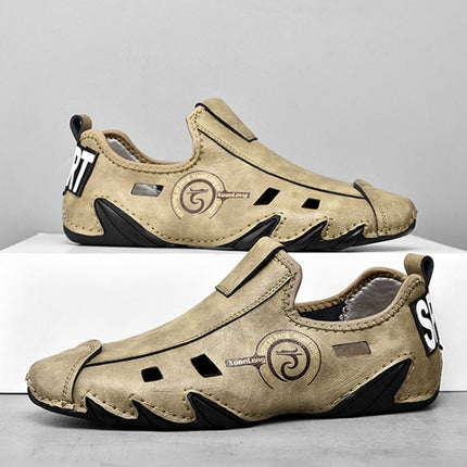 Men Sneakers Large Size Soft Sole Lazy Hollow Leather Shoes All-Match Peas Shoes, Size: 48(Khaki)-garmade.com