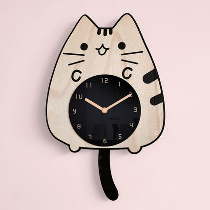 Wooden Cartoon Clocks Home Decoration Living Room Cat Wagging Tail Swinging Wall Clock-garmade.com