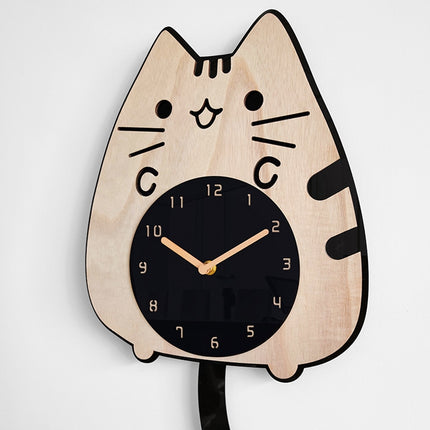 Wooden Cartoon Clocks Home Decoration Living Room Cat Wagging Tail Swinging Wall Clock-garmade.com