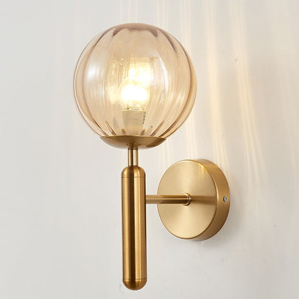 6102 Round Glass LED Wall Light Hotel Bedroom Bedside Living Room, Power source: Without Light Bulb( Copper Color Striped Amber Lampshade)-garmade.com