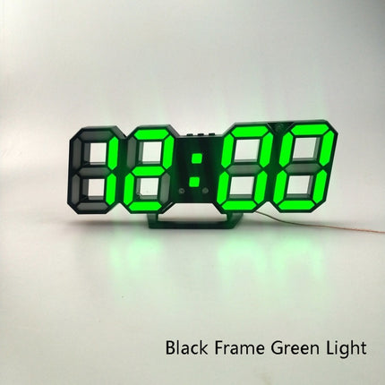 6609 3D Stereo LED Alarm Clock Living Room 3D Wall Clock, Colour: Black Frame Green Light-garmade.com