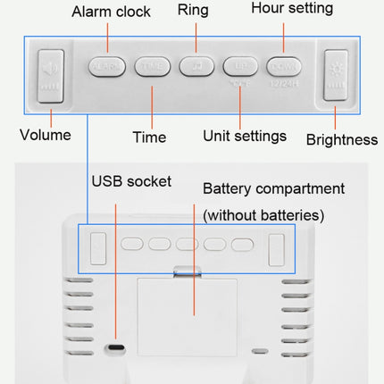 Large Screen LED Clock Bedside Multifunctional Electronic Alarm Clock(White Shell White Light)-garmade.com