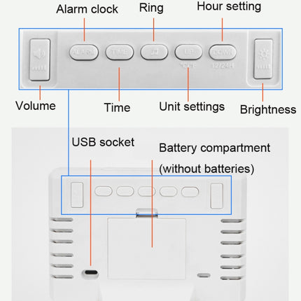 Large Screen LED Clock Bedside Multifunctional Electronic Alarm Clock(Black Shell White Light)-garmade.com