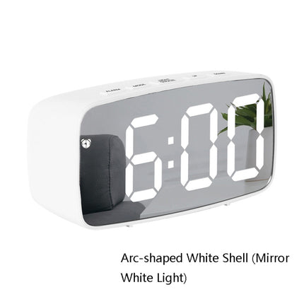 Mirror Bedside Alarm Clock Battery Plug-In Dual-Purpose LED Clock, Colour: Arc-shaped White Shell (Mirror White Light)-garmade.com
