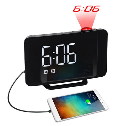 Projection LED Large Screen Display Alarm Clock Radio Electronic Clock(Black Shell White Lamp)-garmade.com