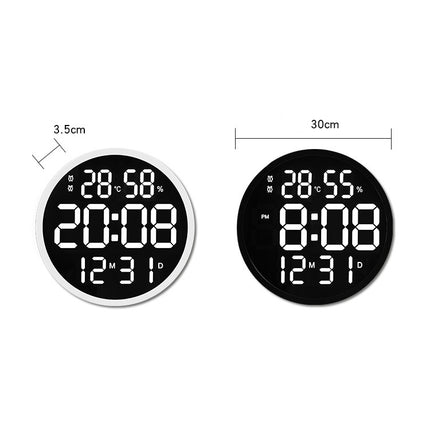6620 12 Inch LED Simple Wall Clock Living Room Round Silent Digital Temperature And Humidity Electronic Clock(Black Frame US Plug)-garmade.com