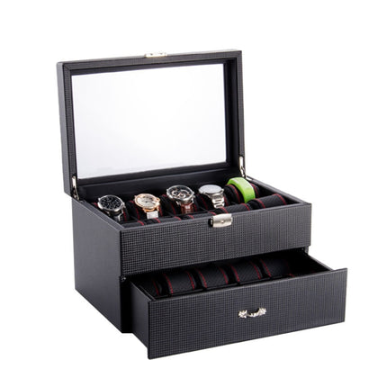 20 Grid Double-Layer Watch Storage Box Carbon Fiber Leather Watch Display Box With Lock & Glass Sunroof-garmade.com