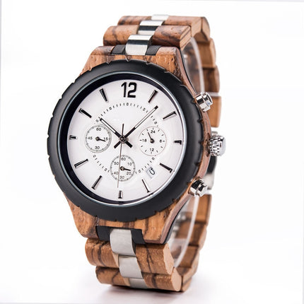 D21 Men Wooden Strap Stainless Steel Luminous Waterproof Watch(White)-garmade.com