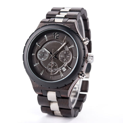 D21 Men Wooden Strap Stainless Steel Luminous Waterproof Watch(Black)-garmade.com