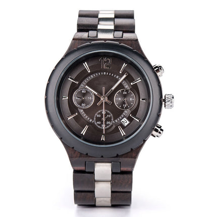 D21 Men Wooden Strap Stainless Steel Luminous Waterproof Watch(Black)-garmade.com