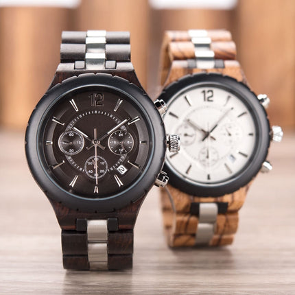 D21 Men Wooden Strap Stainless Steel Luminous Waterproof Watch(Black)-garmade.com