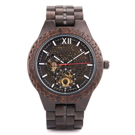 Hollow Dial Wooden Strap Men Mechanical Watch(D27-1)-garmade.com