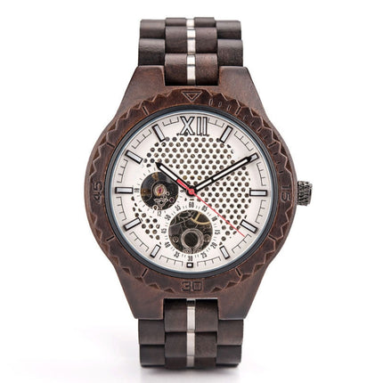 Hollow Dial Wooden Strap Men Mechanical Watch(D27-2)-garmade.com