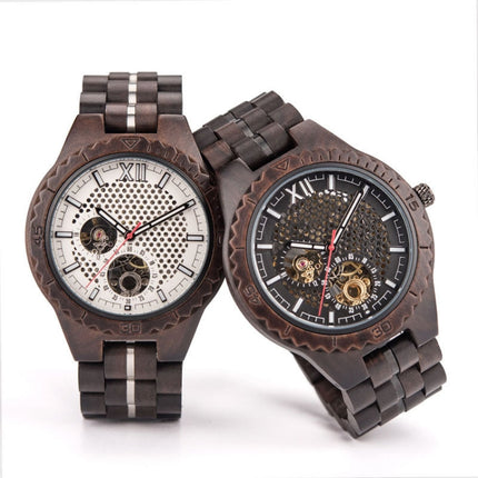 Hollow Dial Wooden Strap Men Mechanical Watch(D27-2)-garmade.com