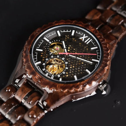 Hollow Dial Wooden Strap Men Mechanical Watch(D27-2)-garmade.com