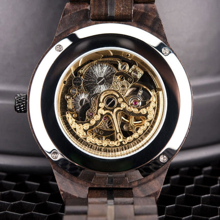 Hollow Dial Wooden Strap Men Mechanical Watch(D27-2)-garmade.com