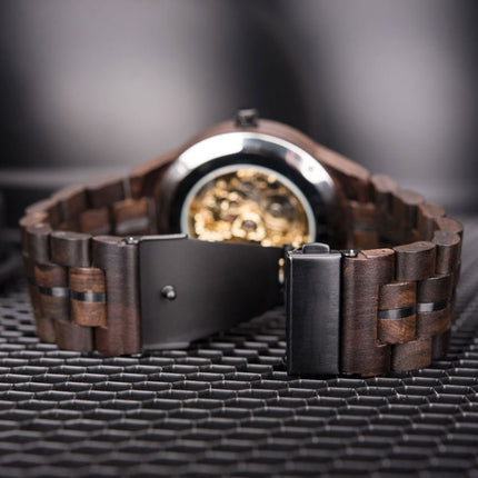 Hollow Dial Wooden Strap Men Mechanical Watch(D27-2)-garmade.com