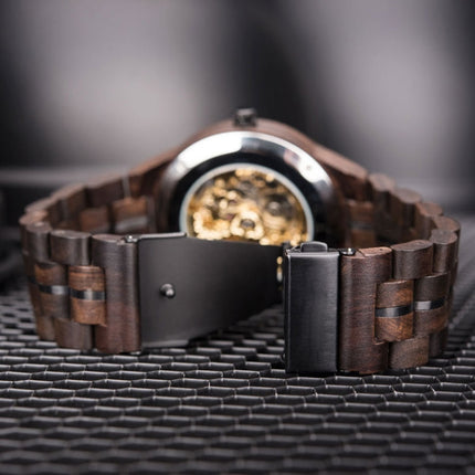 Hollow Dial Wooden Strap Men Mechanical Watch(D27-1)-garmade.com