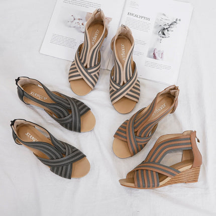 Women Summer Slope Heel Sandals Fashion Bohemian Style Fish Mouth Shoes, Size: 36(Brown)-garmade.com