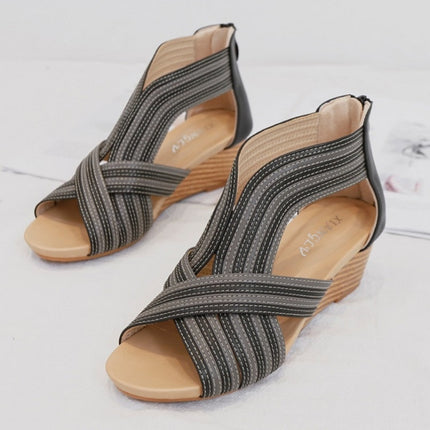 Women Summer Slope Heel Sandals Fashion Bohemian Style Fish Mouth Shoes, Size: 38(Black)-garmade.com