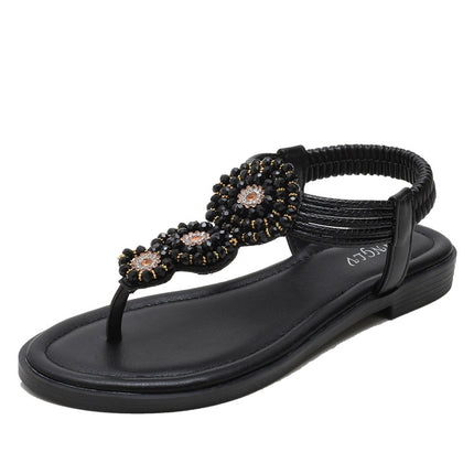 Ladies Summer Bohemian Roman Sandals Seaside Flat Beach Shoes, Size: 36(Black)-garmade.com