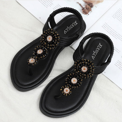 Ladies Summer Bohemian Roman Sandals Seaside Flat Beach Shoes, Size: 36(Black)-garmade.com