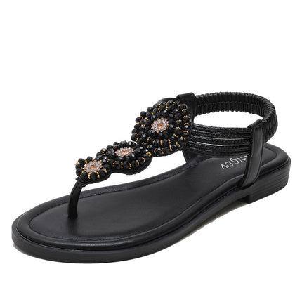 Ladies Summer Bohemian Roman Sandals Seaside Flat Beach Shoes, Size: 37(Black)-garmade.com