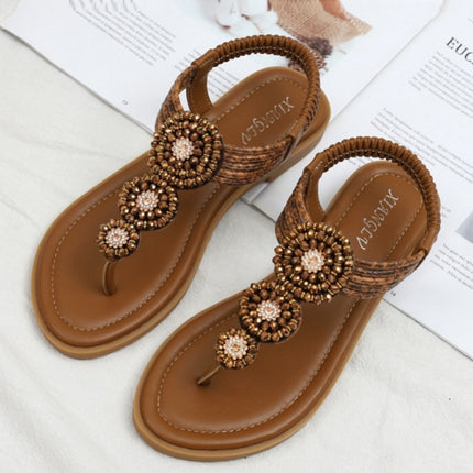 Ladies Summer Bohemian Roman Sandals Seaside Flat Beach Shoes, Size: 37(Brown)-garmade.com