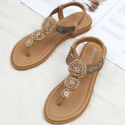 Ladies Summer Bohemian Roman Sandals Seaside Flat Beach Shoes, Size: 38(Apricot)-garmade.com