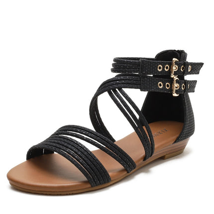 Ladies Summer Wedge Sandals Open-Toe Thick-Soled Roman Style Sandals, Size: 36(Black)-garmade.com