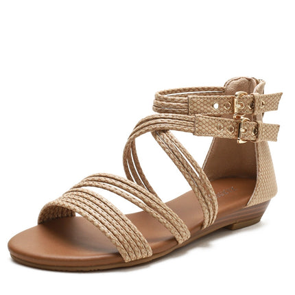 Ladies Summer Wedge Sandals Open-Toe Thick-Soled Roman Style Sandals, Size: 39(Apricot)-garmade.com