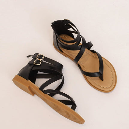 Ladies Summer Strappy Cross Sandals Roman Style Low-Heeled Retro Shoes, Size: 36(Black)-garmade.com