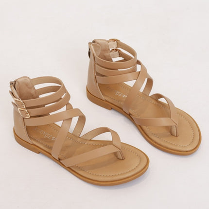 Ladies Summer Strappy Cross Sandals Roman Style Low-Heeled Retro Shoes, Size: 36(Apricot)-garmade.com