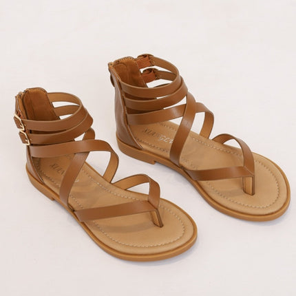 Ladies Summer Strappy Cross Sandals Roman Style Low-Heeled Retro Shoes, Size: 36(Brown)-garmade.com