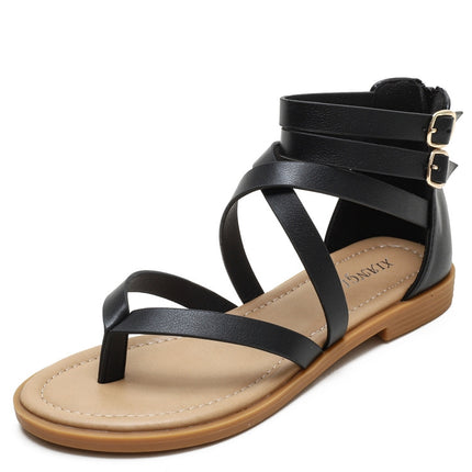 Ladies Summer Strappy Cross Sandals Roman Style Low-Heeled Retro Shoes, Size: 37(Black)-garmade.com