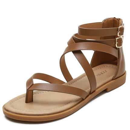 Ladies Summer Strappy Cross Sandals Roman Style Low-Heeled Retro Shoes, Size: 37(Brown)-garmade.com