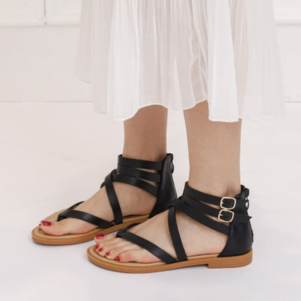 Ladies Summer Strappy Cross Sandals Roman Style Low-Heeled Retro Shoes, Size: 37(Brown)-garmade.com