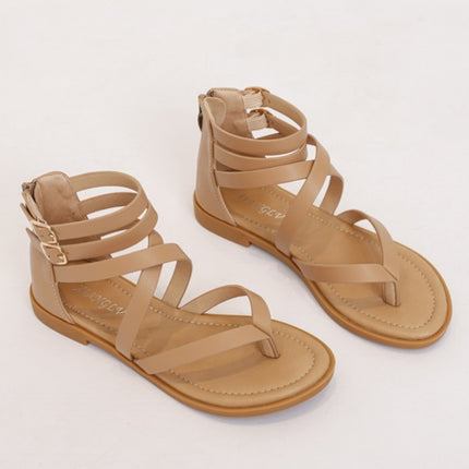 Ladies Summer Strappy Cross Sandals Roman Style Low-Heeled Retro Shoes, Size: 38(Apricot)-garmade.com